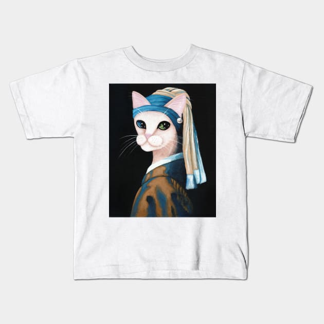 The Cat With The Pearl Earring Kids T-Shirt by KilkennyCat Art